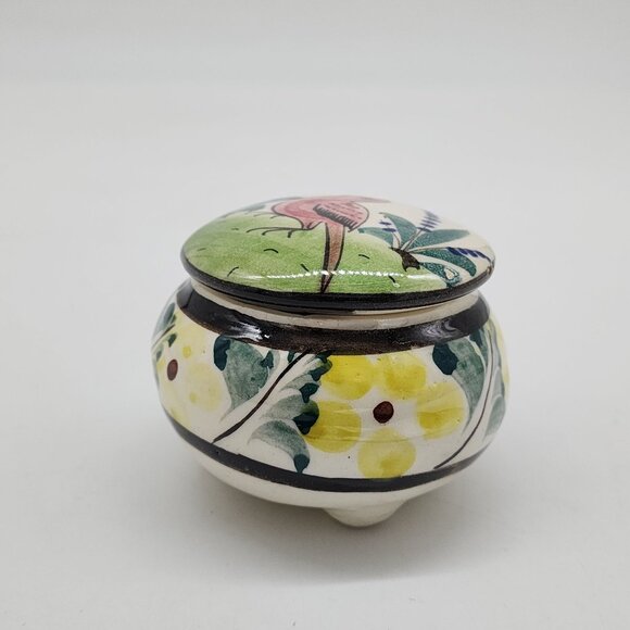 Mexican Hand Painted Ceramic Trinket Box With Floral & Red Bird 3" Diameter - Picture 4 of 8